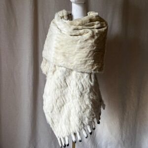 Vintage Rabbit Fur Bridal Wrap Cream Cape Black‎ Tails 43" Stole